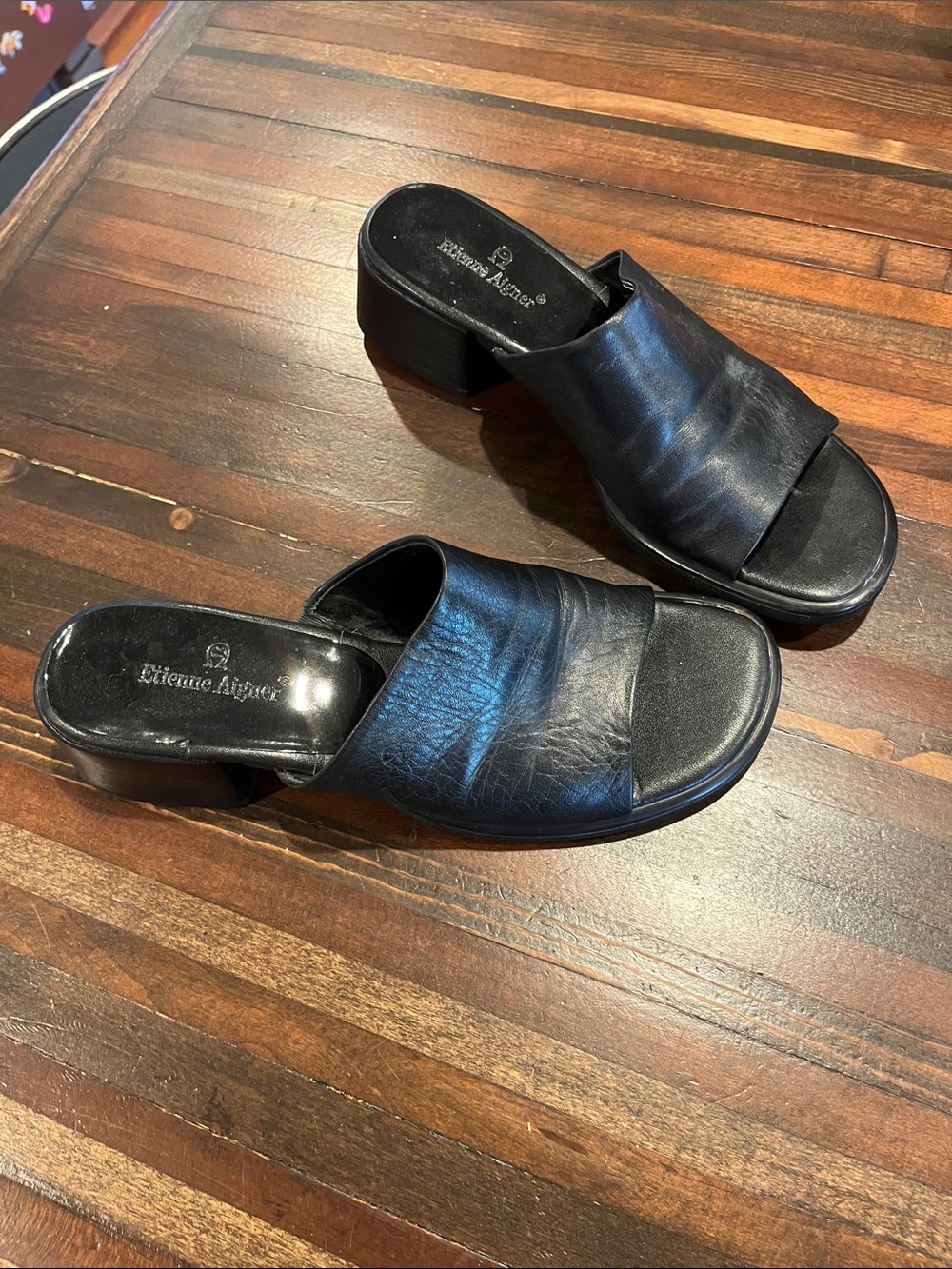 Etienne Aigner Black Leather Slide Mules with Block Heel size 8.5